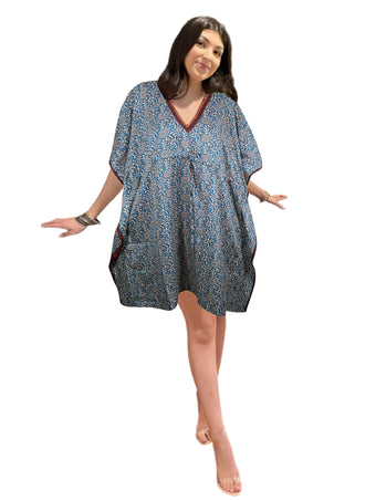 Women's Short Blue Floral Kaftan – Boho Tunic Dress & Beach Cover-Up, Onesize